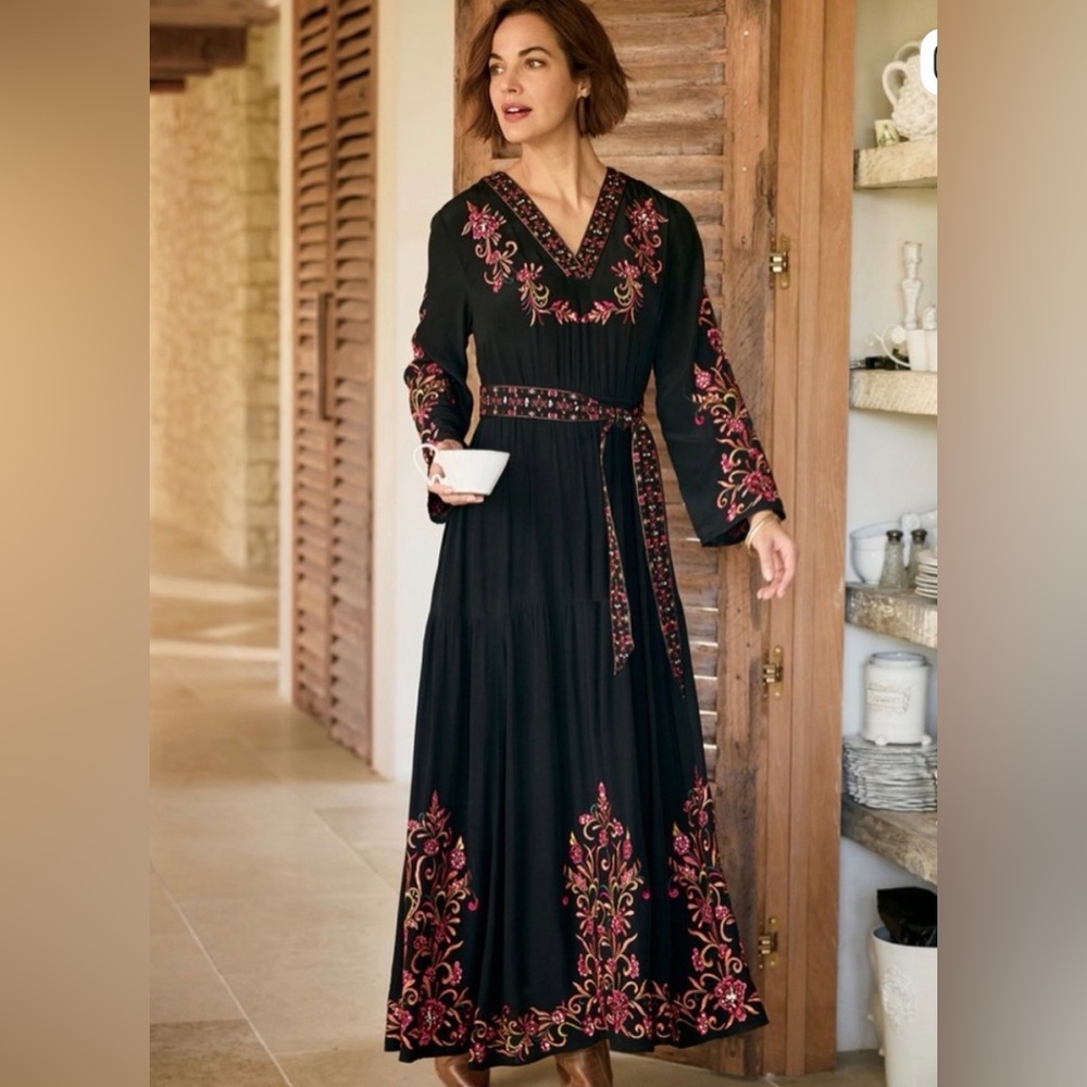 Soft Surroundings Onyx Embellished Maxi Dress Black Embroidered Boho - NWT